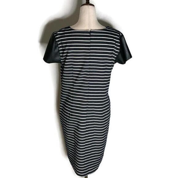 Ann Taylor Womens Shift Career Dress Navy White Faux Leather Short Sleeve M - Picture 4 of 9